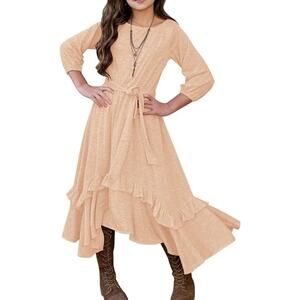 MITILLY Girls Loose 3/4 Sleeve Casual Pocket Ruffle Swing Long Maxi Dress 10 Yrs